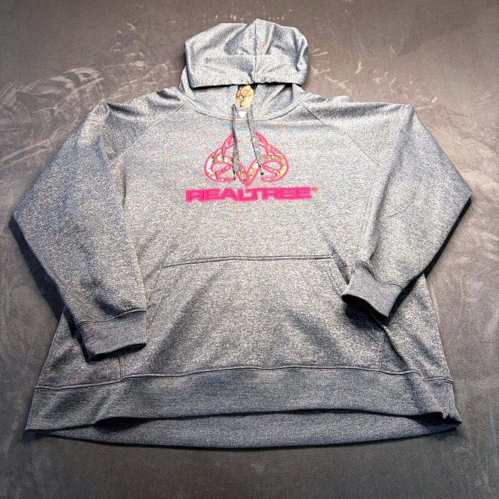 Realtree Pullover Hoodie Women XL Gray Pink Embroidered Logo Camo Woods Gorpcore